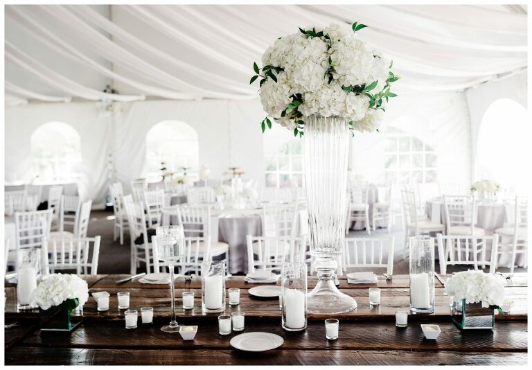 wedding tent at Herrington on the Bay tall white flowers