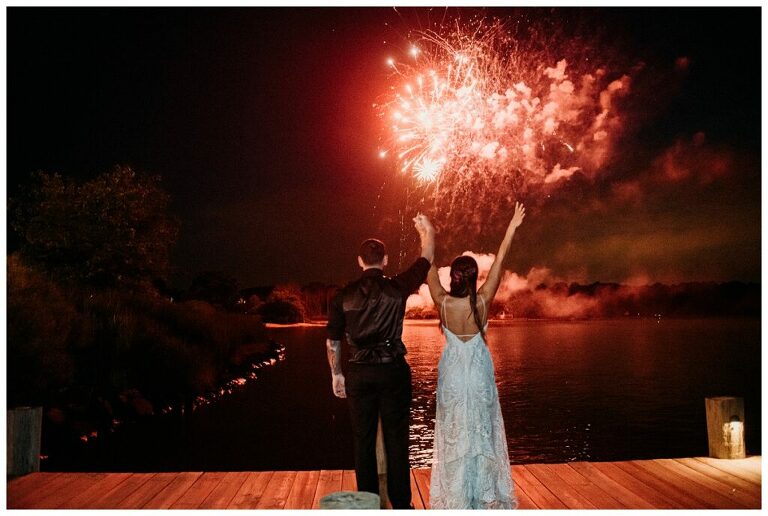 fireworks off pier in Annapolis waterfront wedding at Herrington on the Bay for wedding celebration